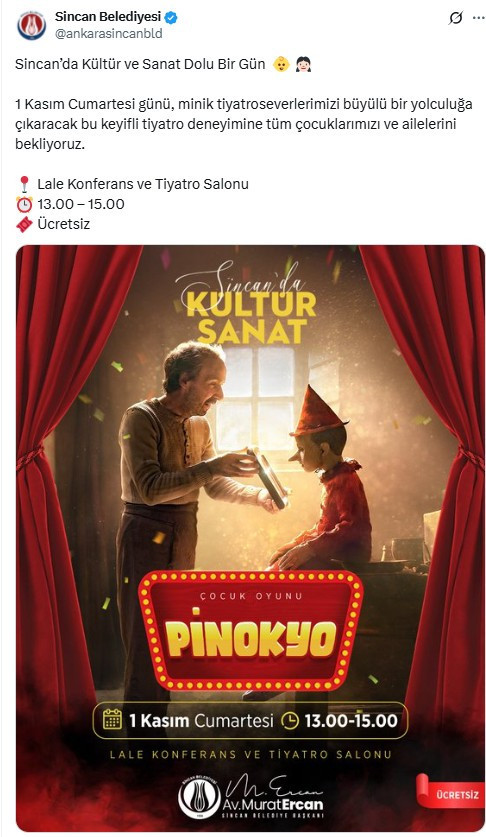 Sincan Belediyesi'nden ücretsiz sahnelenecek 'Pinokyo' tiyatro oyununa davet