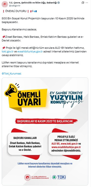 Bakanlıktan 500 bin sosyal konut projesine başvuracaklara önemli duyuru