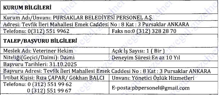 Pursaklar Belediyesi deneyimli veteriner hekim alacak! - Resim : 2