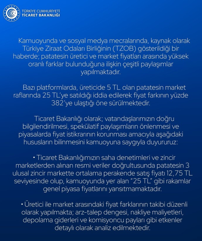 Ticaret Bakanlığı'ndan patates fiyatlarına ilişkin açıklama geldi!