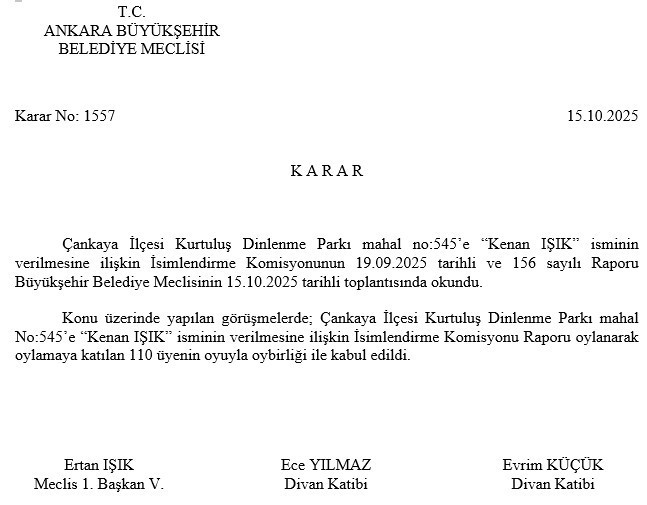 Çankaya'da bulunan parka Kenan Işık'ın ismi verildi!