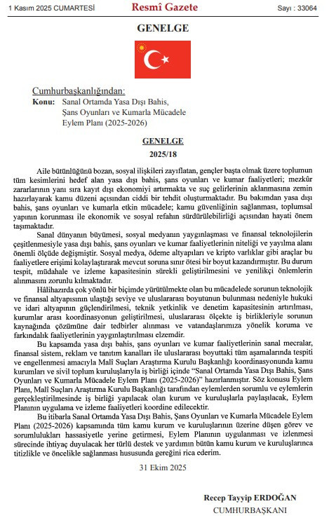 Sanal Ortamda Kumarla Mücadele Eylem Planı Genelgesi Resmi Gazete'de yayımlandı