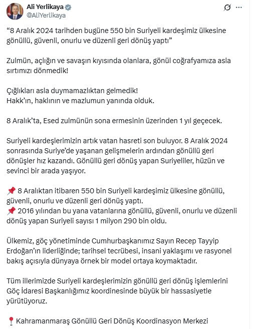 Bakan Yerlikaya, ülkesine dönen Suriyelilerin sayısını açıkladı