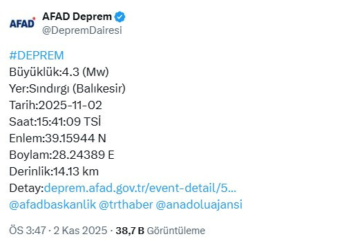 Balıkesir'de 4,3 büyüklüğünde deprem meydana geldi