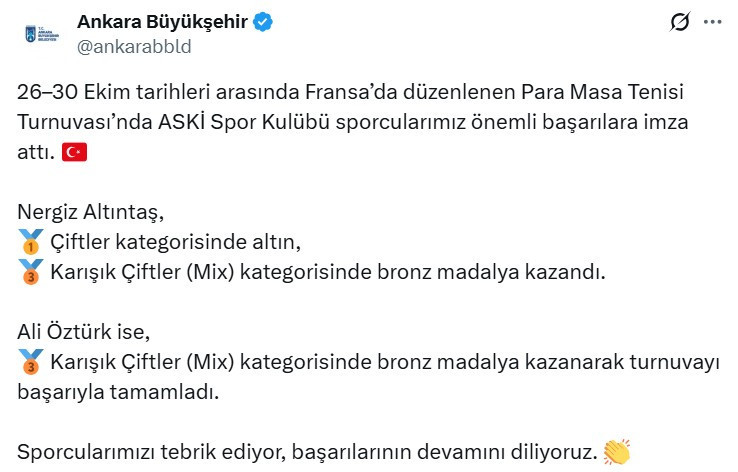 ASKİ Spor'dan Nergiz Altıntaş ve Ali Öztürk Fransa'dan madalyalarla dönüyorlar