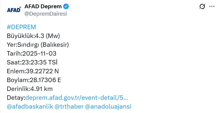 AFAD, Balıkesir Sındırgı'da 4,3 büyüklüğünde yeni bir deprem olduğunu duyurdu