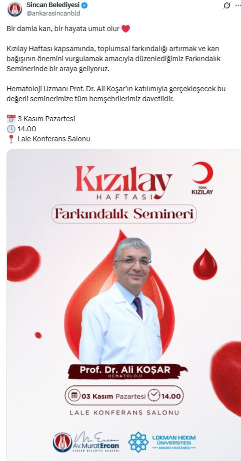 Sincan Belediyesi Kızılay Haftası kapsamında farkındalık semineri düzenleyecek