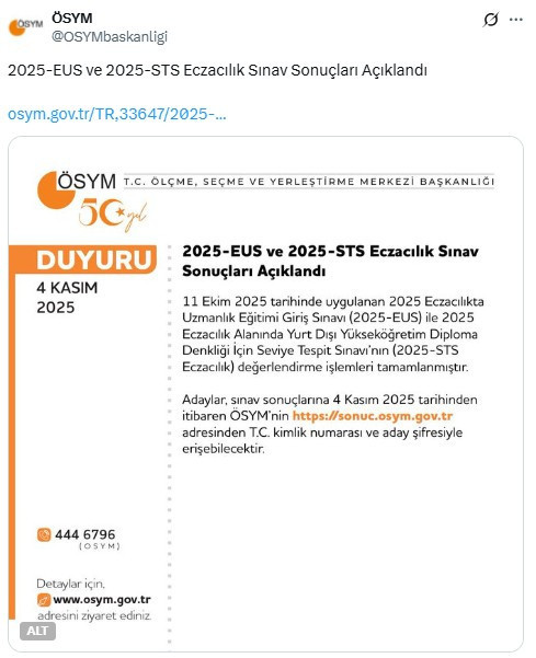 ÖSYM, eczacılık sınavlarının sonuçlarının açıklandığını duyurdu