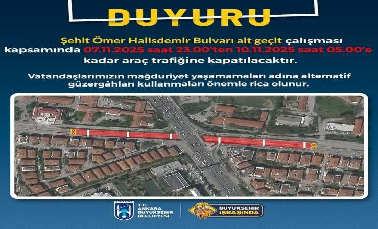 Şehit Ömer Halisdemir Bulvarı alt geçit çalışması nedeniyle araç trafiğine kapatılıyor