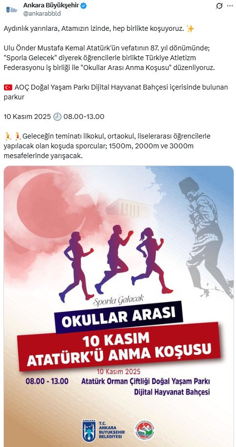 ABB okullar arası 10 Kasım Atatürk'ü Anma Koşusu düzenleneceğini duyurdu