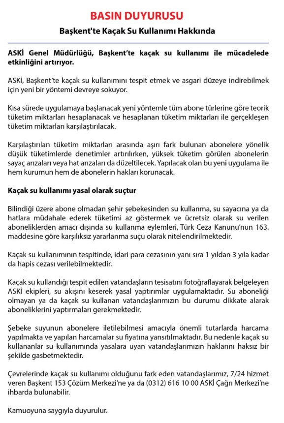 ASKİ'den kaçak su kullanımına ilişkin uyarı!