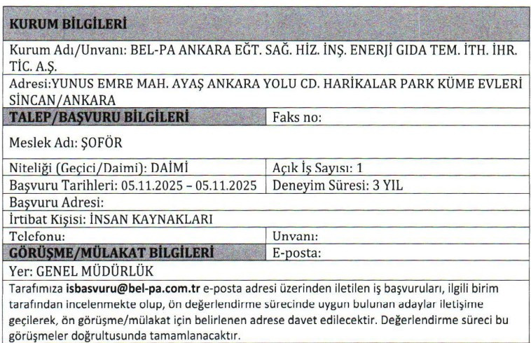 Bel-Pa Ankara daimi şoför alımı yapıyor