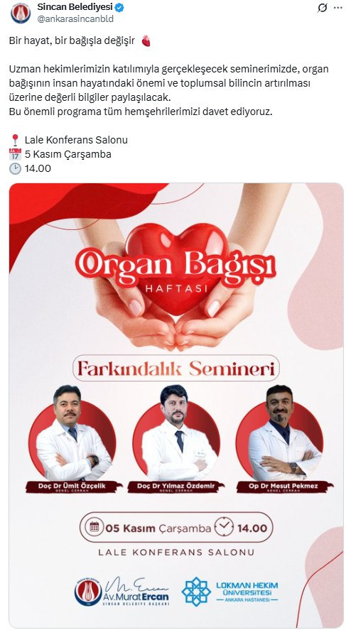 Sincan Belediyesi'nden Organ Bağışı haftasına ilişkin seminer duyurusu