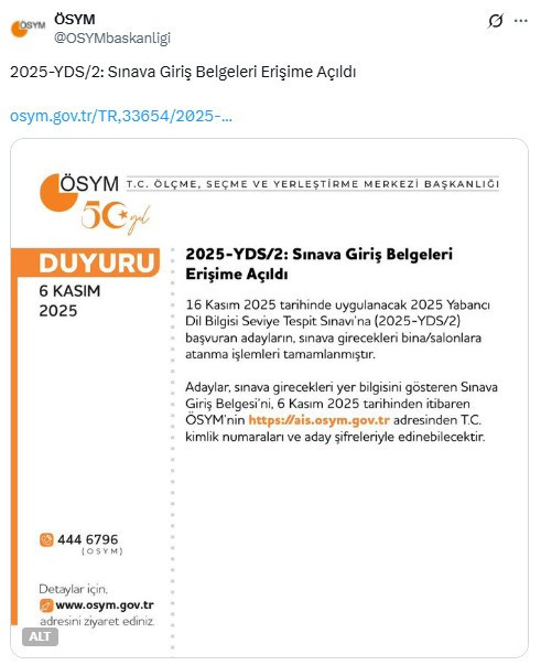ÖSYM, YDS/2 sınavı için giriş belgelerinin erişime açıldığını duyurdu