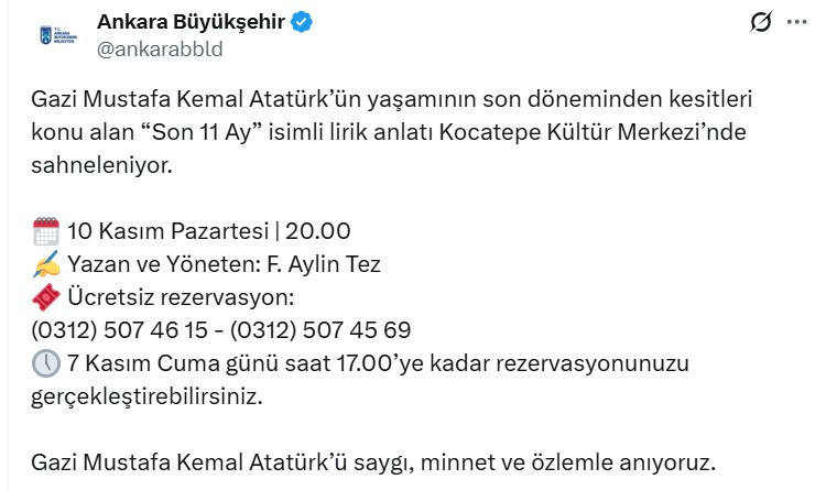 Ankara Büyükşehir Belediyesi 10 Kasım'da Atatürk'ü Son 11 Ay anlatısıyla anacak