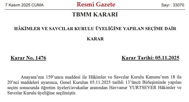 HSK üyeliğine seçilen Havvanur Yurtsever ile ilgili karar Resmi Gazete'de