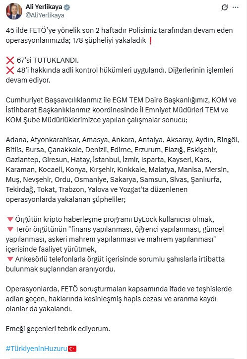 Son 2 haftada düzenlenen FETÖ operasyonlarında 178 şüpheli yakalandı