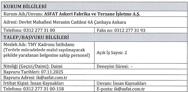 ASFAT daimi 2 işçi alımı yapacağını duyurdu!