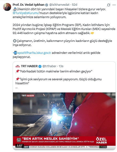 Bakan Işıkhan 92 binden fazla kadının çalışma hayatına kazandırıldığını açıkladı