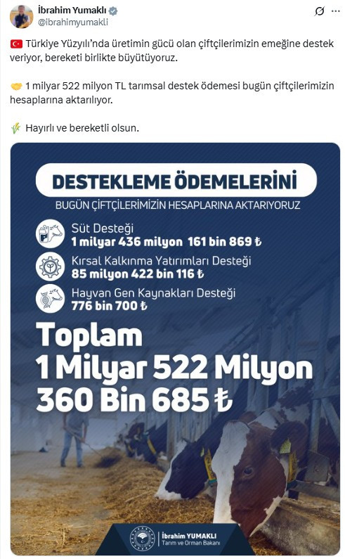 Çiftçilere 1 milyar TL'den fazla tarımsal destek ödemesi yatırılacak