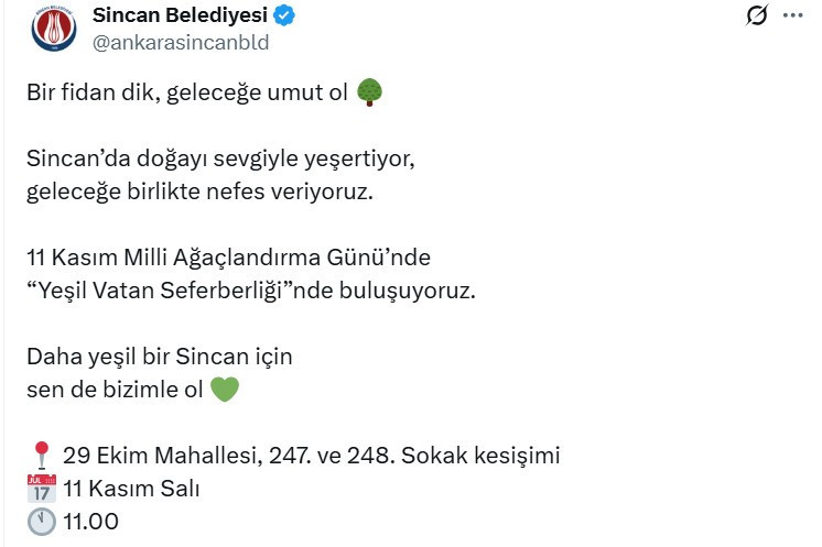Sincan Belediyesi'nden davet: Bir fidan dik, geleceğe umut ol
