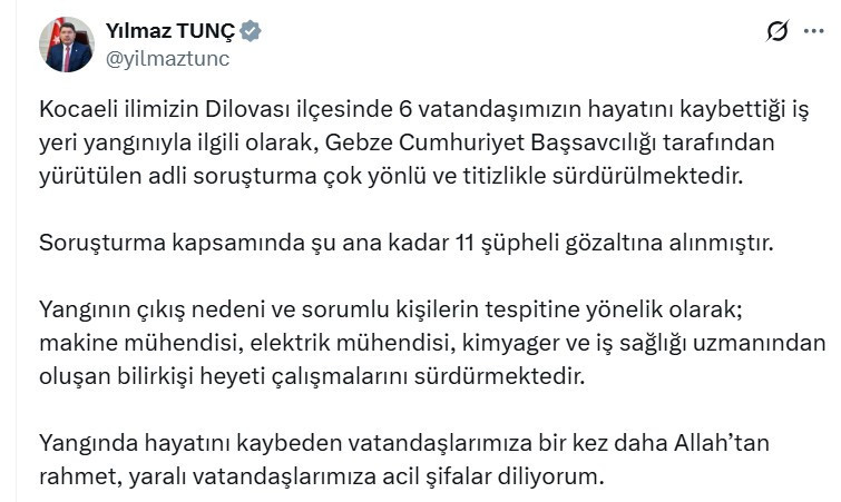Adalet Bakanı Yılmaz Tunç Kocaeli'ndeki fabrika yangınında 11 kişinin gözaltına alındığı duyurdu