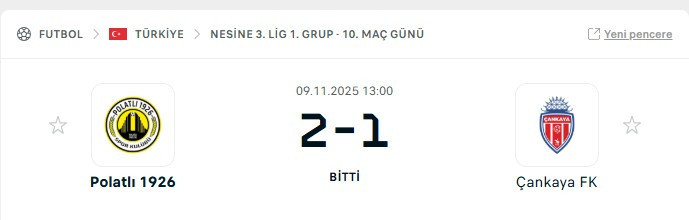 Polatlı 1926 SK evinde Çankaya FK takımıın 2-1 yendi