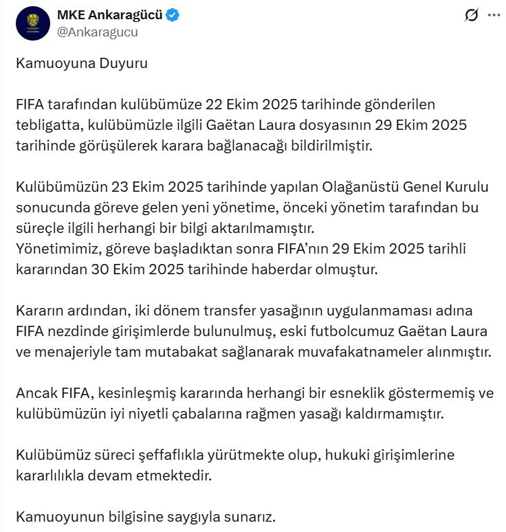FİFA'dan Ankaragücü'ne 2 dönem kalıcı transfer yasağı geldi