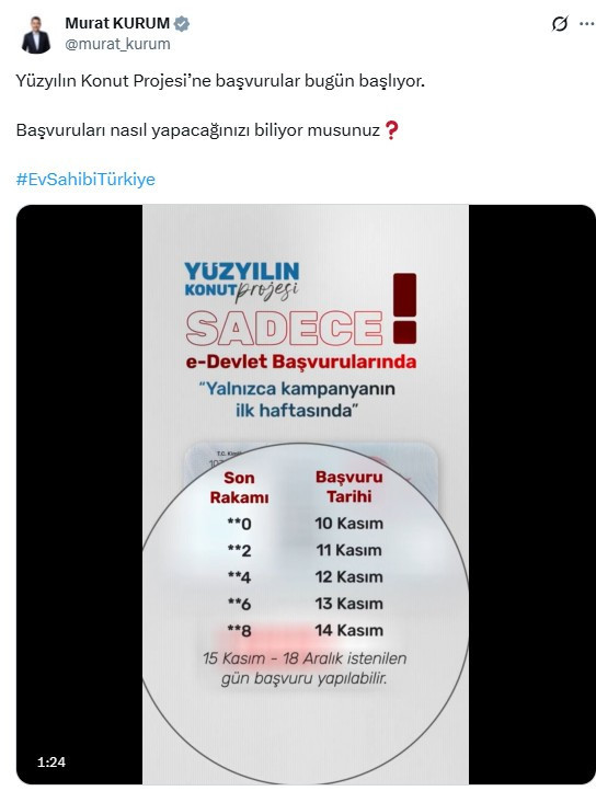 Bakan Kurum'dan sosyal konut projesi başvurularına ilişkin paylaşım!