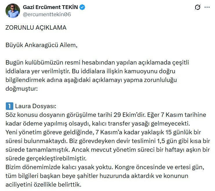 Gazi Ercüment Tekin'den transfer yasağı ve maaş ödemeleri açıklaması