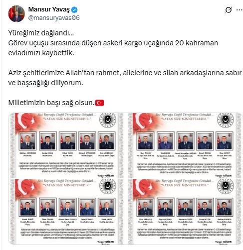 Mansur Yavaş'tan düşen askeri kargo uçağında şehit olan askerlerimiz için taziye mesajı