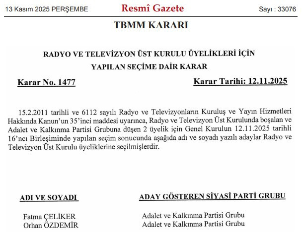 RTÜK üyelikleri için yapılan seçime ilişkin karar Resmi Gazete'de yayımlandı