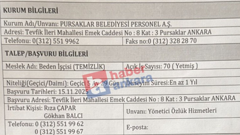 Pursaklar Belediyesi geçici 70 temizlik görevlisi alımı yapacak!
