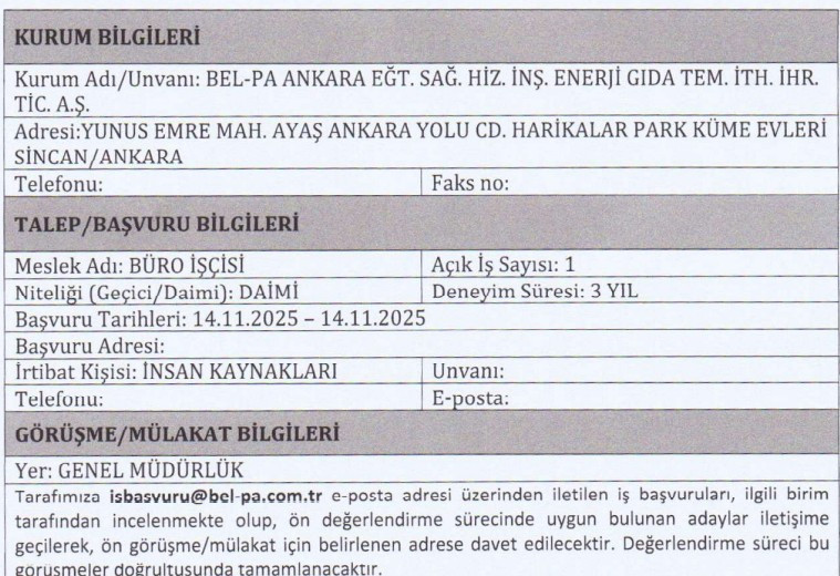 Bel-Pa Ankara deneyimli büro işçisi alımı yapacağını duyurdu