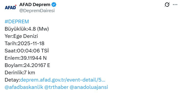 AFAD, Ege Denizi'nde ardı ardına iki deprem olduğunu duyurdu