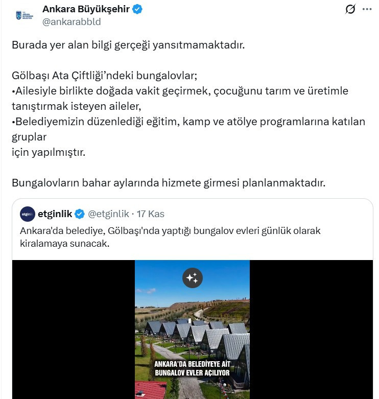 ABB'den Gölbaşı At Çiftliği’ndeki bungalovlar hakkında açıklama
