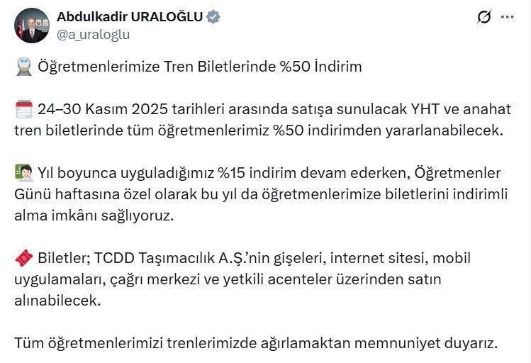 Öğretmenlere tren biletlerinde yüzde 50 indirim yapılacağı açıklandı