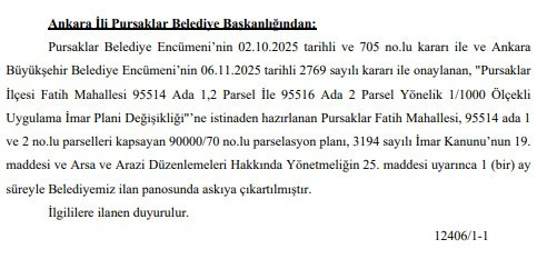 Pursaklar Belediyesi imar planı değişikliği kararını duyurdu