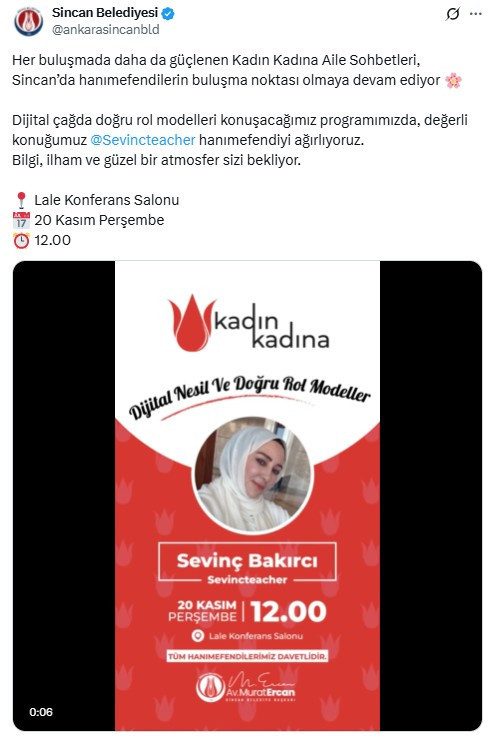 Sincan Belediyesi'nin Kadın Kadına Sohbetleri'nin yeni konuğu açıklandı