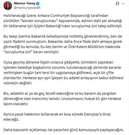 Mansur Yavaş’tan soruşturma izni açıklaması: 'Unutulmasın; hukuk bir gün herkese lazım olacaktır'
