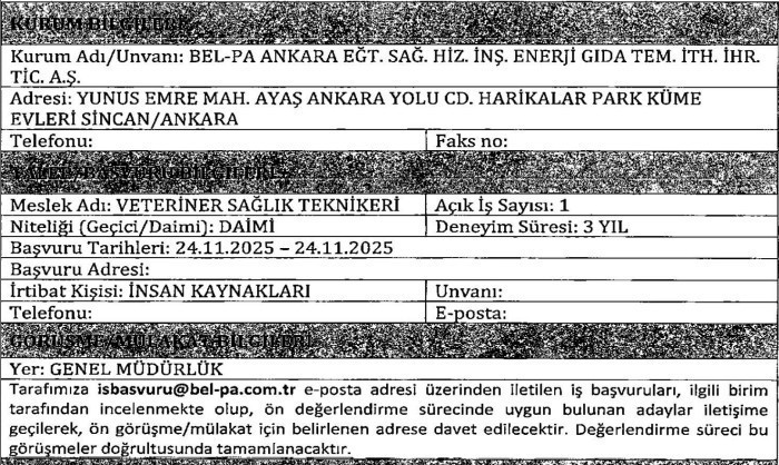 Bel-Pa Ankara daimi veteriner teknikeri alımı yapacak