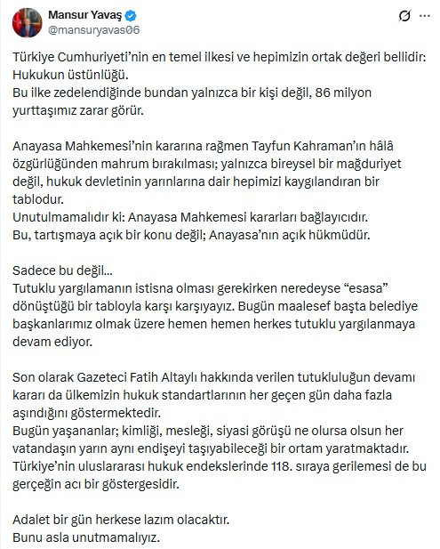 Mansur Yavaş: Tutuklu yargılama istisnadan neredeyse esasa dönüştü