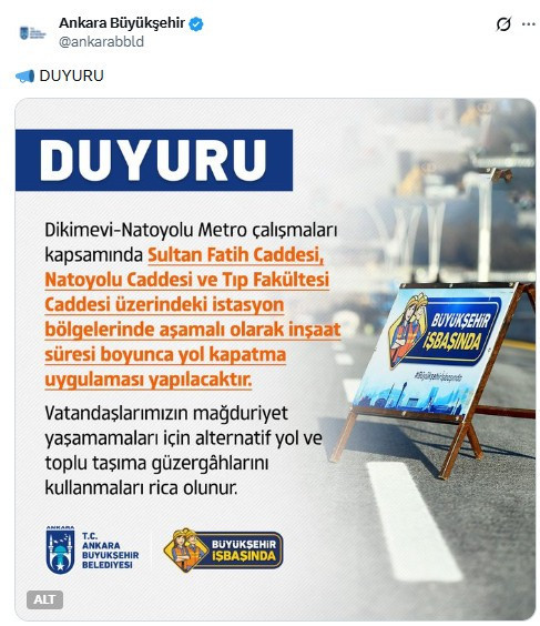 ABB, Dikimevi-Natoyolu metro çalışmaları kapsamında aşamalı yol kapatma uygulaması yapılacağını duyurdu