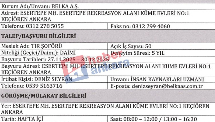 ABB BELKA daimi 50 tır şoförü alımı yapacağını duyurdu!