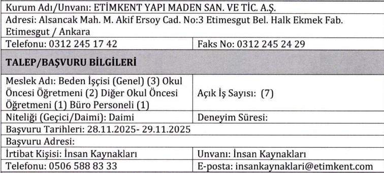 Etimesgut'ta işçi, öğretmen ve büro personeli alımı yapılacak!