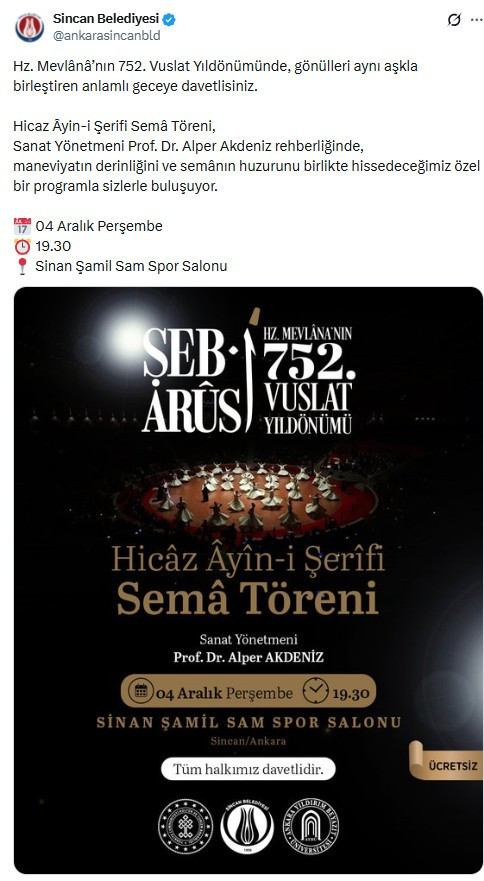 Sincan Belediyesi'nden Şeb-i Arus Töreni duyurusu!