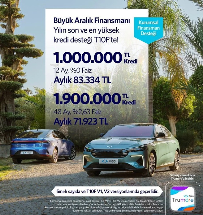 TOGG, T10F modeli için sıfır faizli 1 milyon TL kredi kampanyasını duyurdu