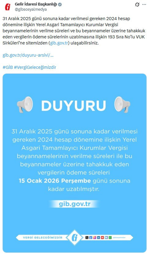 GİB'den Yerel Asgari Tamamlayıcı Kurumlar Vergisi beyannamelerine ilişkin açıklama