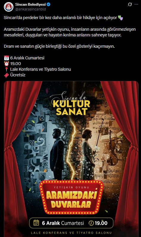 Sincan Belediyesi'nden yetişkinler için ücretsiz tiyatro gösterisi!