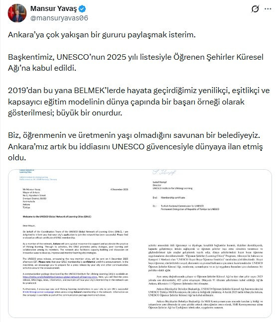 Ankara, UNESCO’nun 2025 listesiyle Öğrenen Şehirler Küresel Ağı’na kabul edildi!